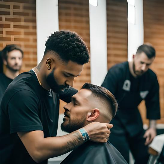 barbero cortando el pelo a un cliente dándole un corte a la moda